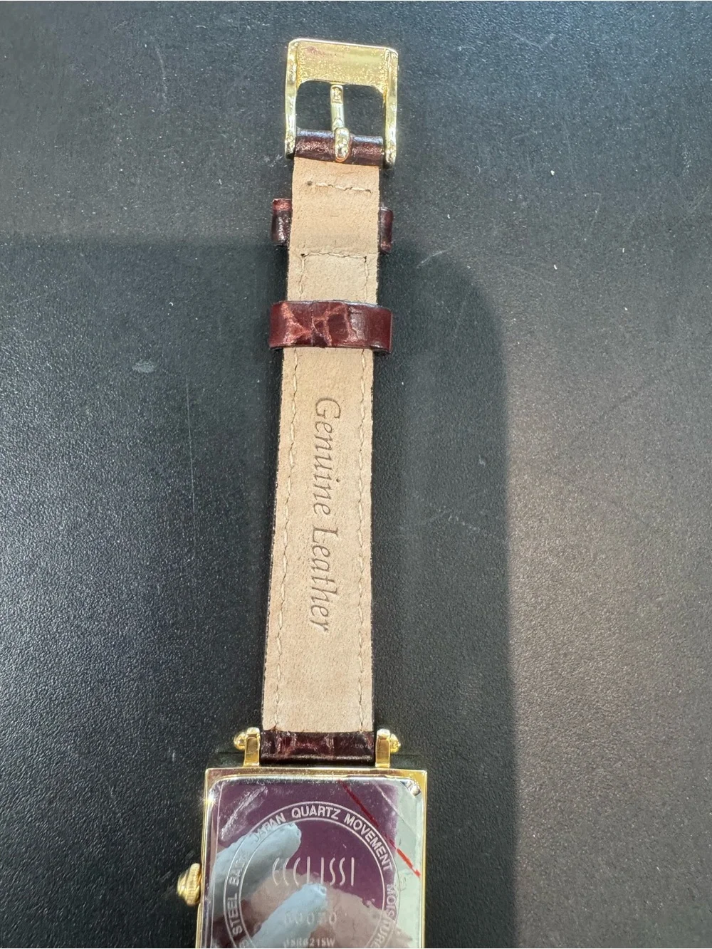 Ecclissi Gold Tone Square Watch with White Roman Dial & Brown Croc Leather Strap